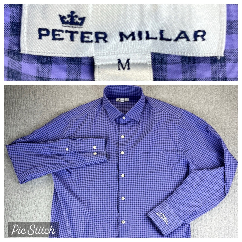 Peter Millar performance Purple Graph Check‎ dress shirt Men M polyester